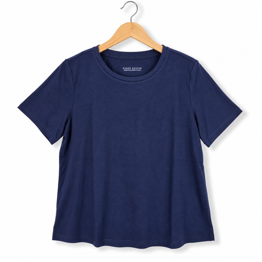 Susan Graver Weekend Shirt Womens XL Navy Comfy Cotton Crew Neck Top A684070